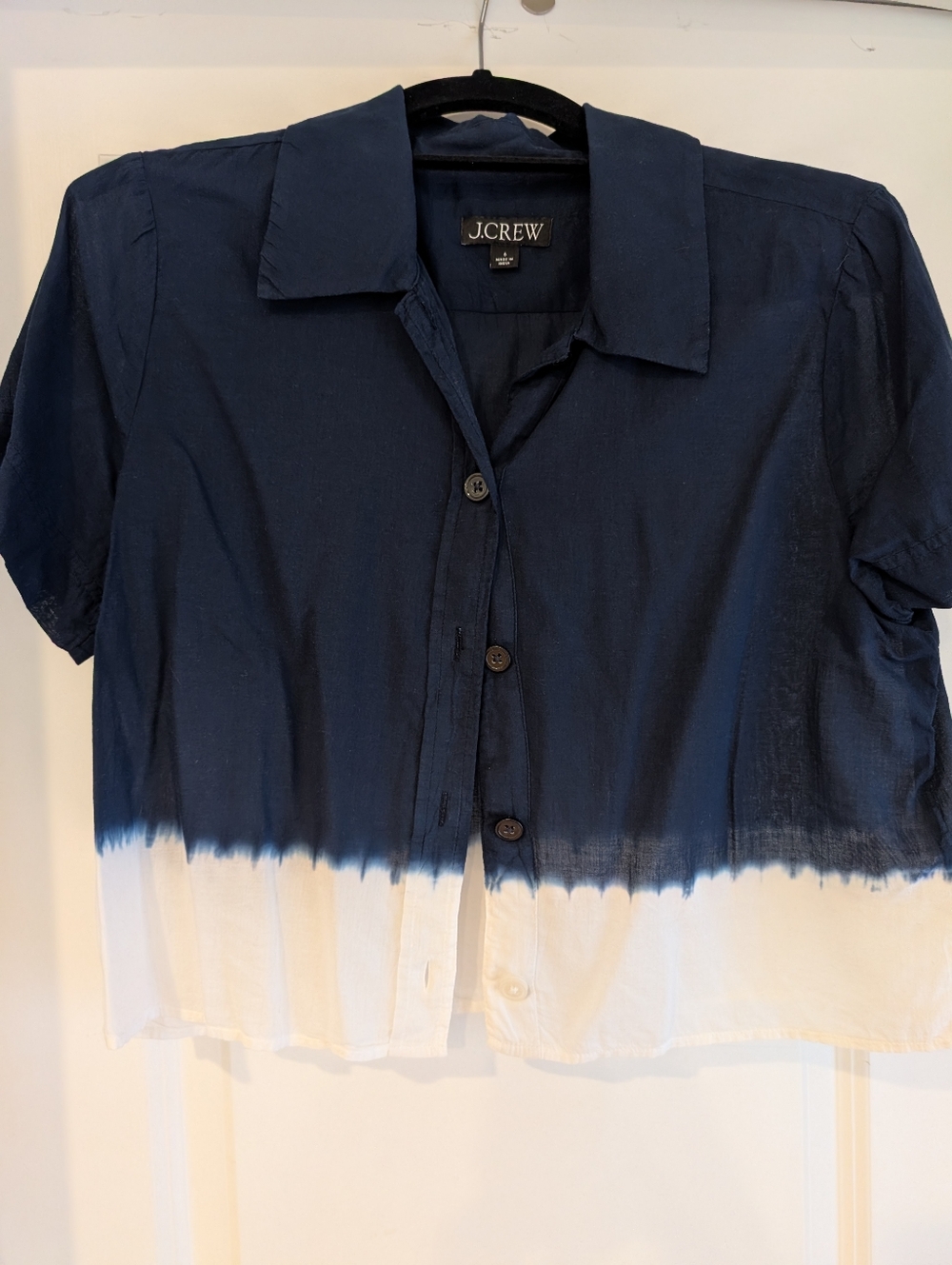 J. Crew Navy and White Dip-Dye Short Sleeve Button Shirt. Size 6